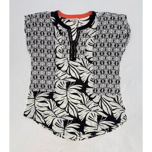 Roz & Ali Floral Short Sleeve Chiffon Sheer‎ Embroidered Blouse Sz M Boho Office